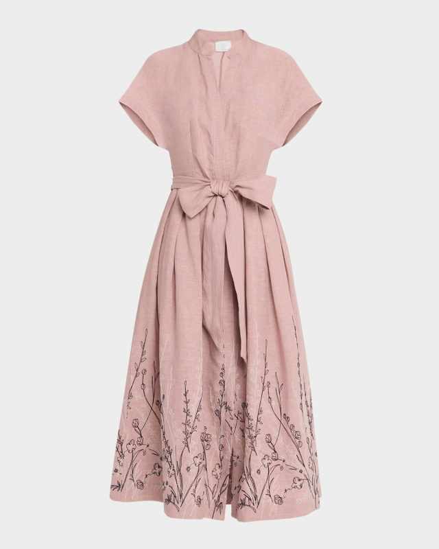 Floral-Embroidered Linen Midi Dress